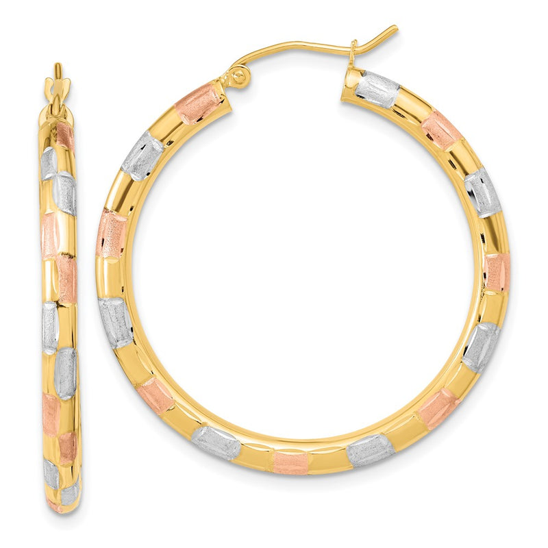 14K Yellow & Rhodium W/ White And Rose Polished Satin Diamond-Cut Hoop Earrings