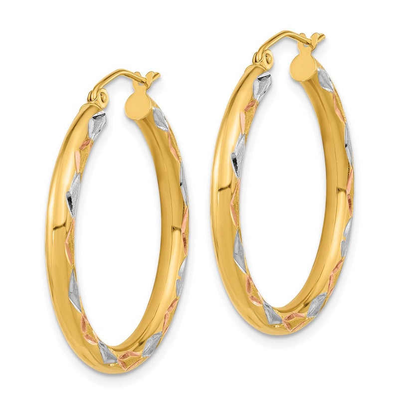 14K Yellow & Rhodium White Polished Satin And Diamond-Cut Hoop Earrings