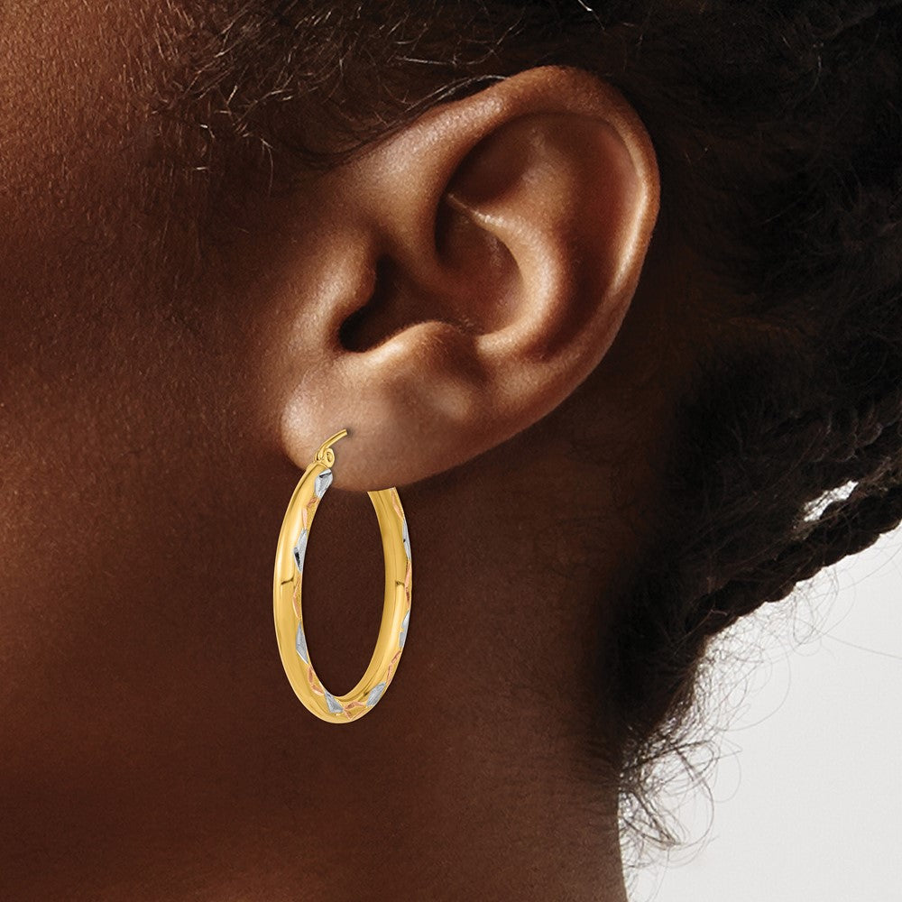 14K Yellow & Rhodium White Polished Satin And Diamond-Cut Hoop Earrings
