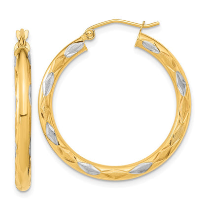 14K Yellow & Rhodium White Polished Satin And Diamond-Cut Hoop Earrings