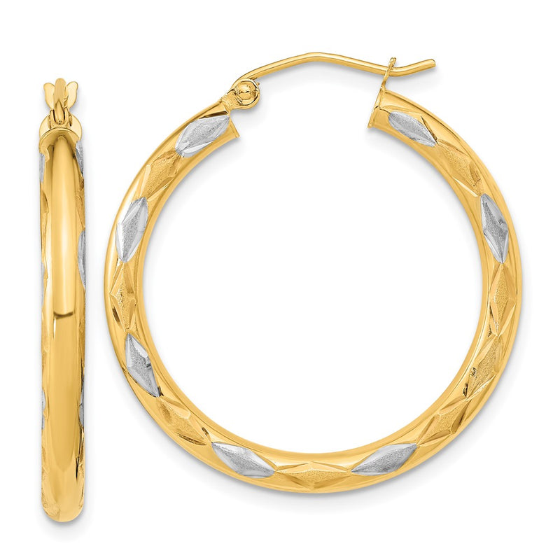 14K Yellow & Rhodium White Polished Satin And Diamond-Cut Hoop Earrings