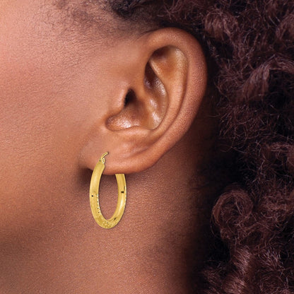 14K Yellow Gold Polished Satin And Diamond-Cut Hoop Earringss