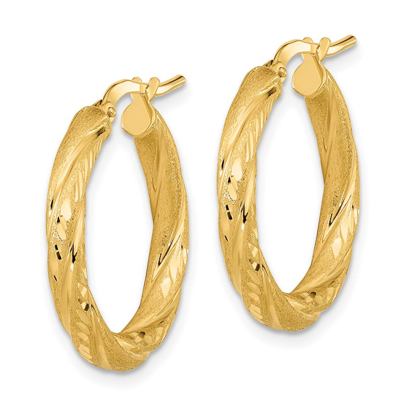 14K Yellow Gold 3mm Polished & Satin D/C Hoop Earrings