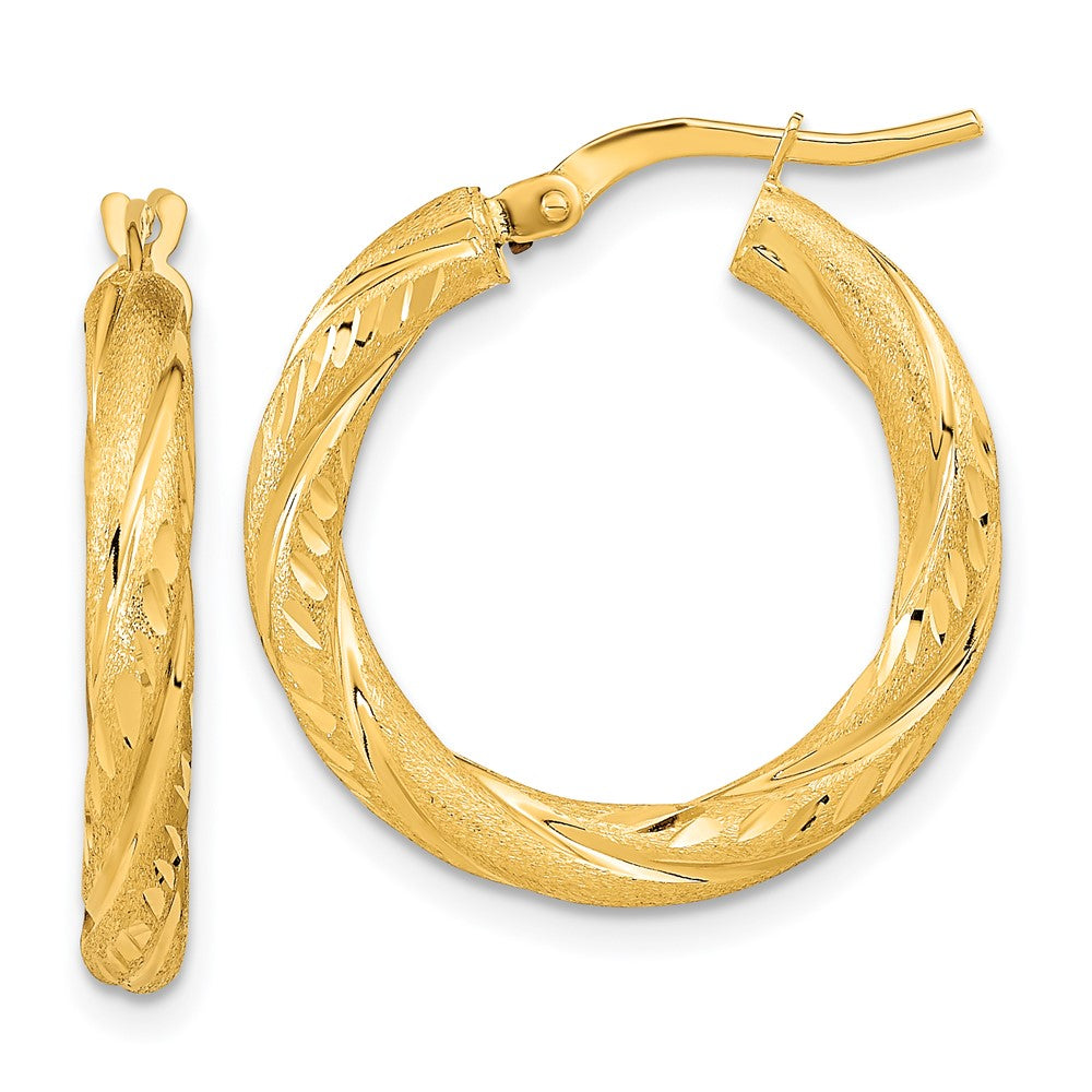 14K Yellow Gold 3mm Polished & Satin D/C Hoop Earrings
