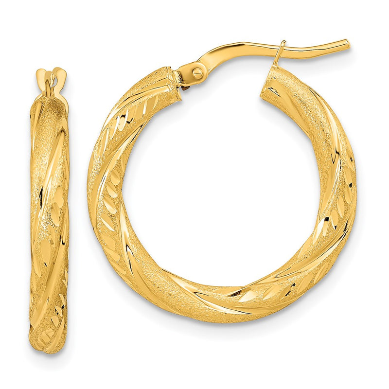14K Yellow Gold 3mm Polished & Satin D/C Hoop Earrings