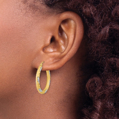 14K Yellow & Rhodium White Diamond-Cut Satin Hoop Earrings