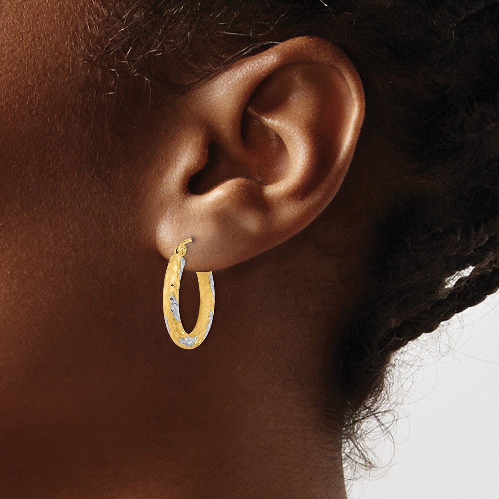 14K Yellow & Rhodium White Diamond-Cut Satin Hoop Earrings