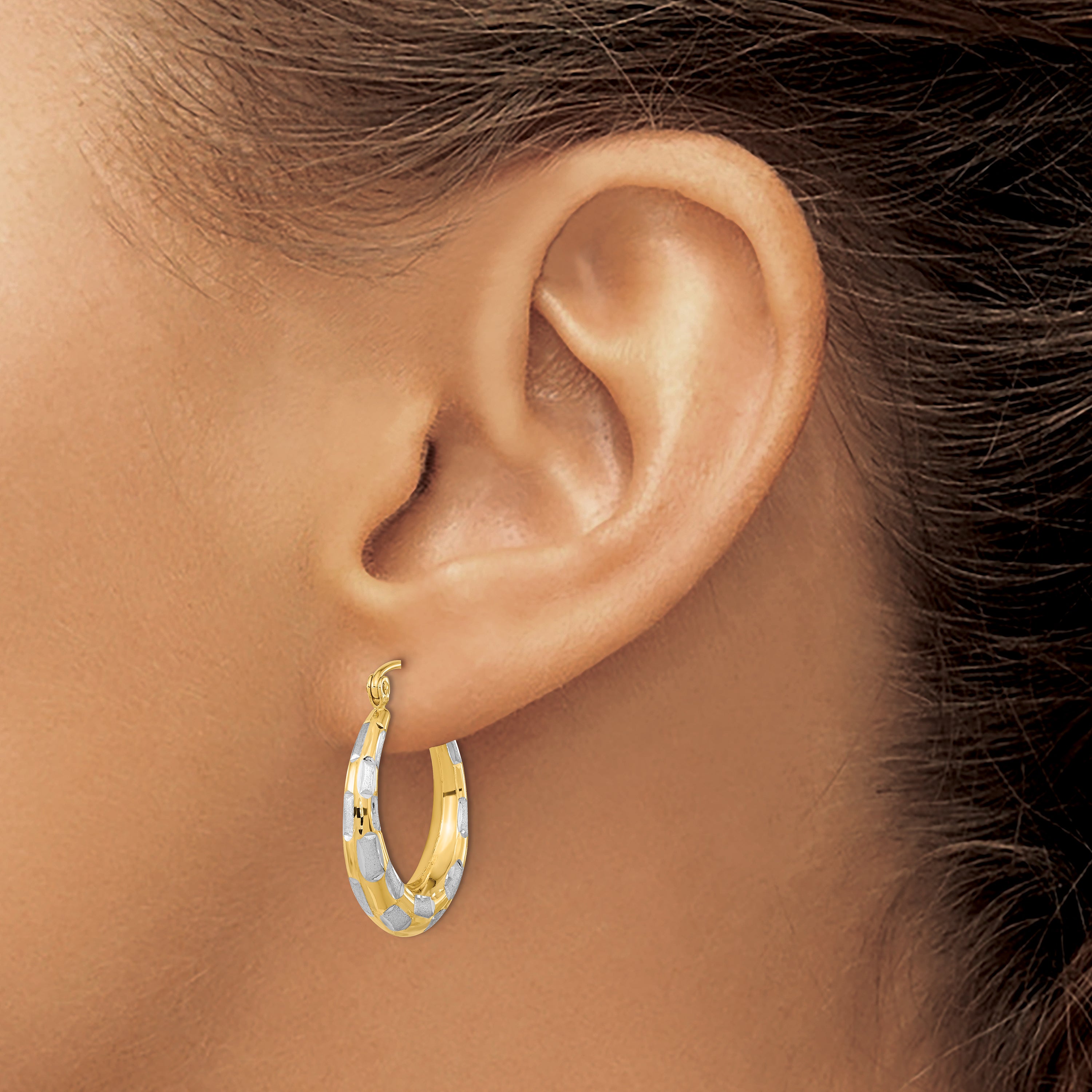14K Yellow & Rhodium White Polished Satin Diamond-Cut Hoop Earrings