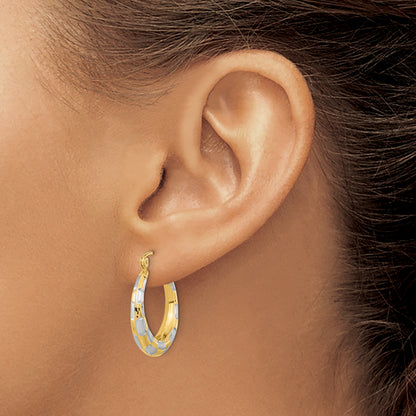14K Yellow & Rhodium White Polished Satin Diamond-Cut Hoop Earrings