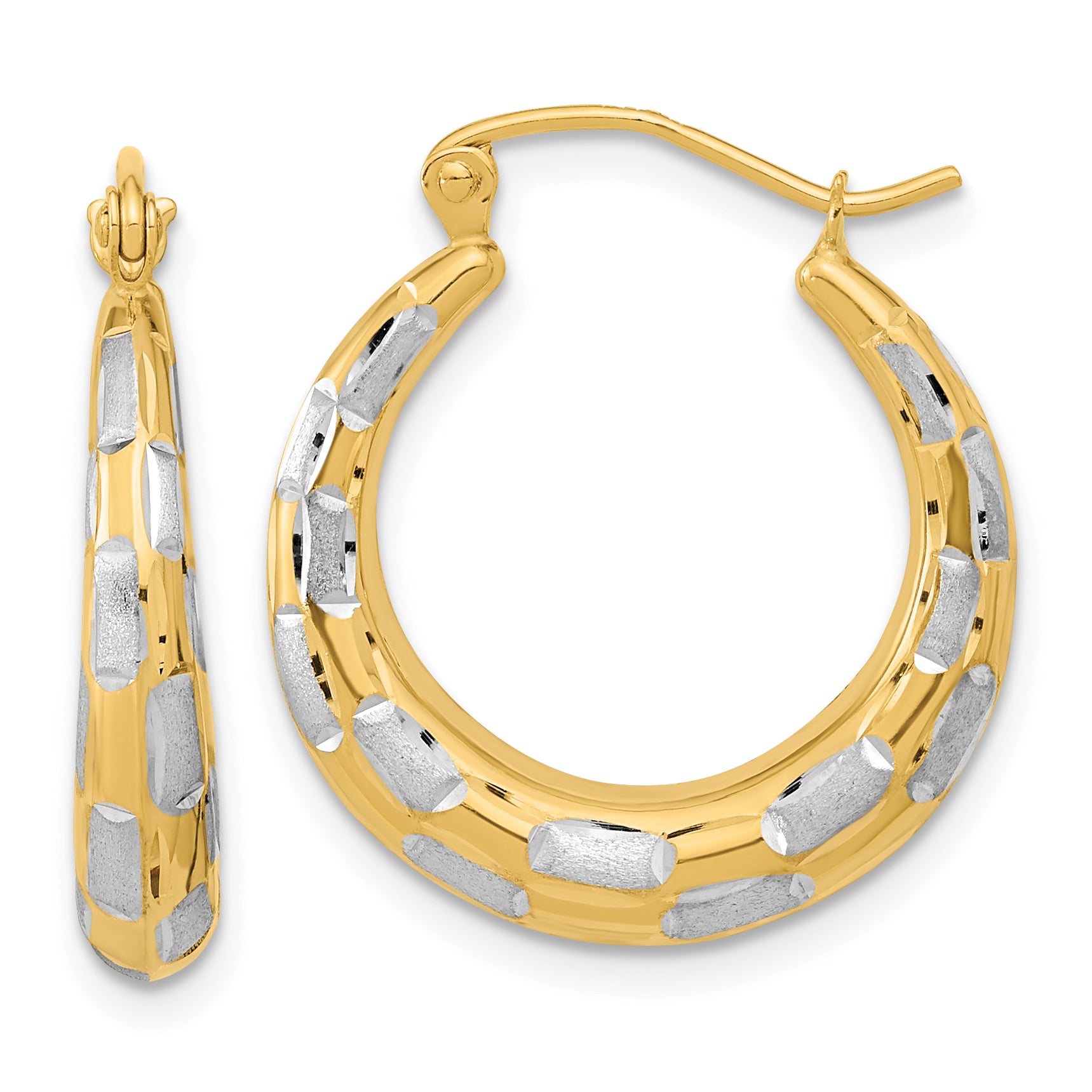 14K Yellow & Rhodium White Polished Satin Diamond-Cut Hoop Earrings