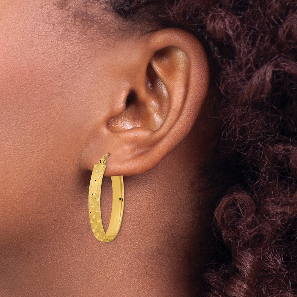 14K Yellow Gold Polished Satin Diamond-Cut Hoop Earrings