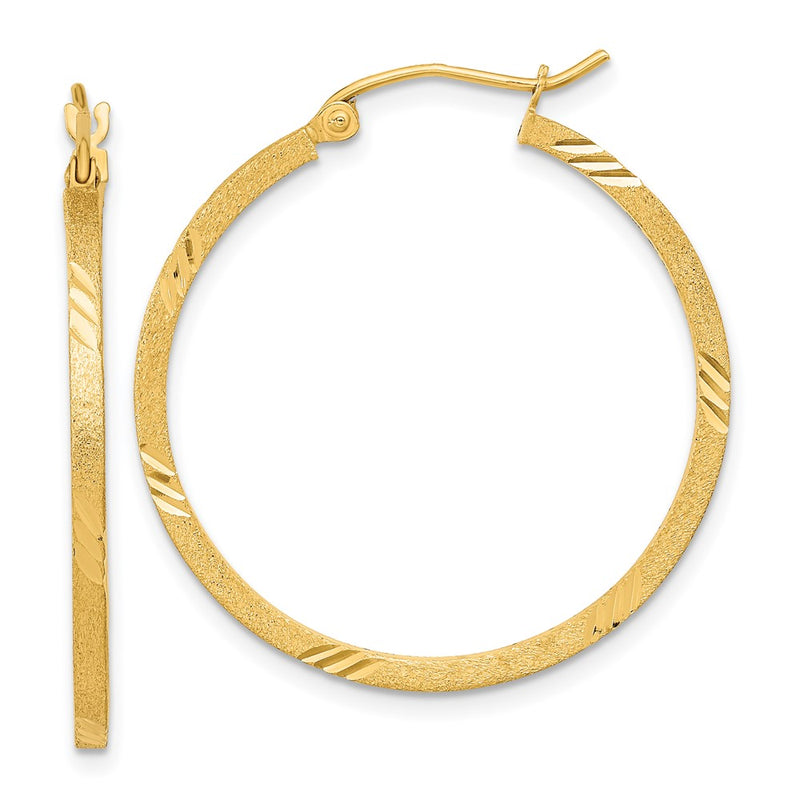 14K Yellow Gold Satin Diamond-Cut Square Tube Hoop Earrings