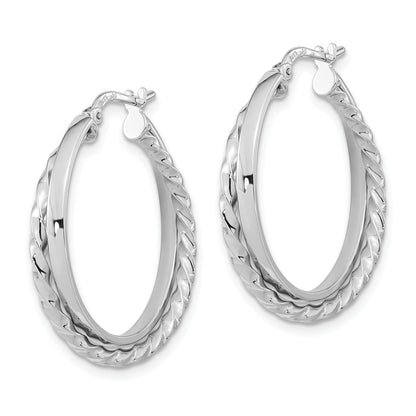 14K White Gold Polished And Textured Hinged Hoop Earrings