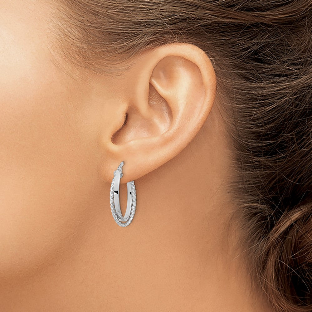 14K White Gold Polished And Textured Oval Hinged Hoop Earrings