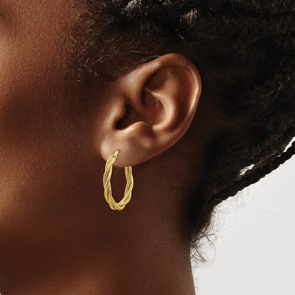 14K Yellow Gold Polished Textured Twisted Oval Hoop Earrings