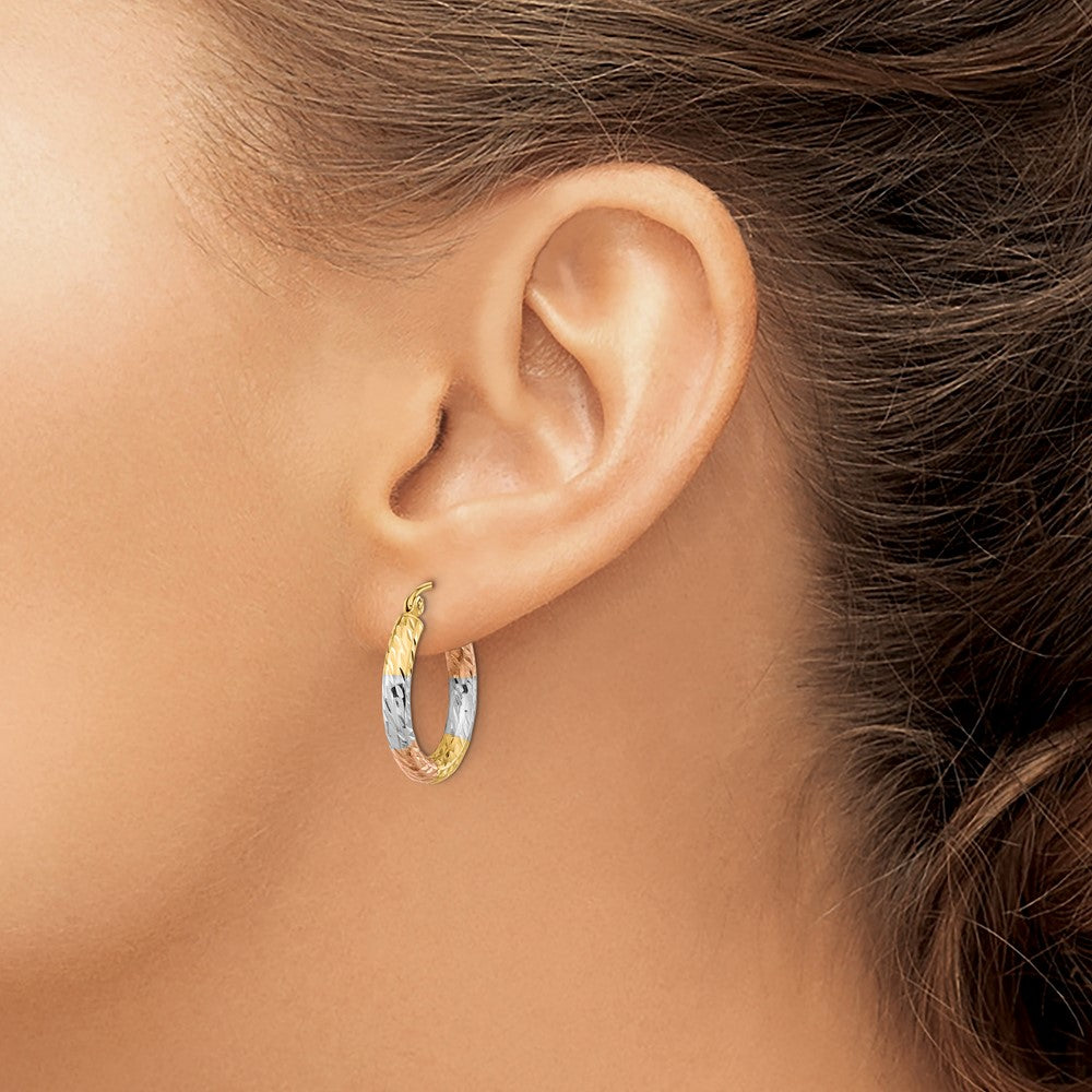 14K Yellow & Rhodium W/White And Rose Polished Diamond-Cut Hoop Earrings