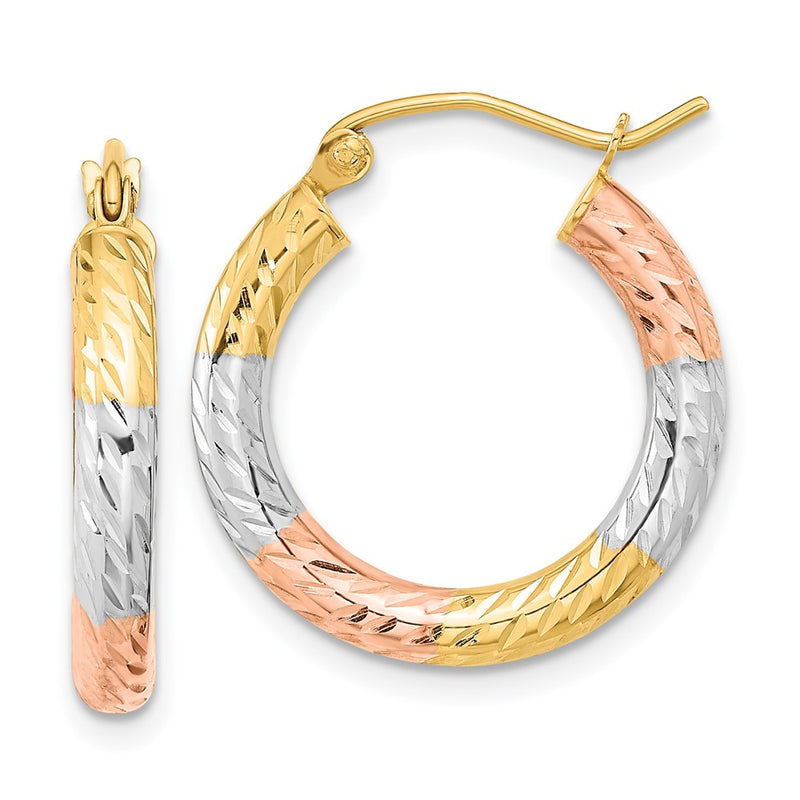 14K Yellow & Rhodium W/White And Rose Polished Diamond-Cut Hoop Earrings