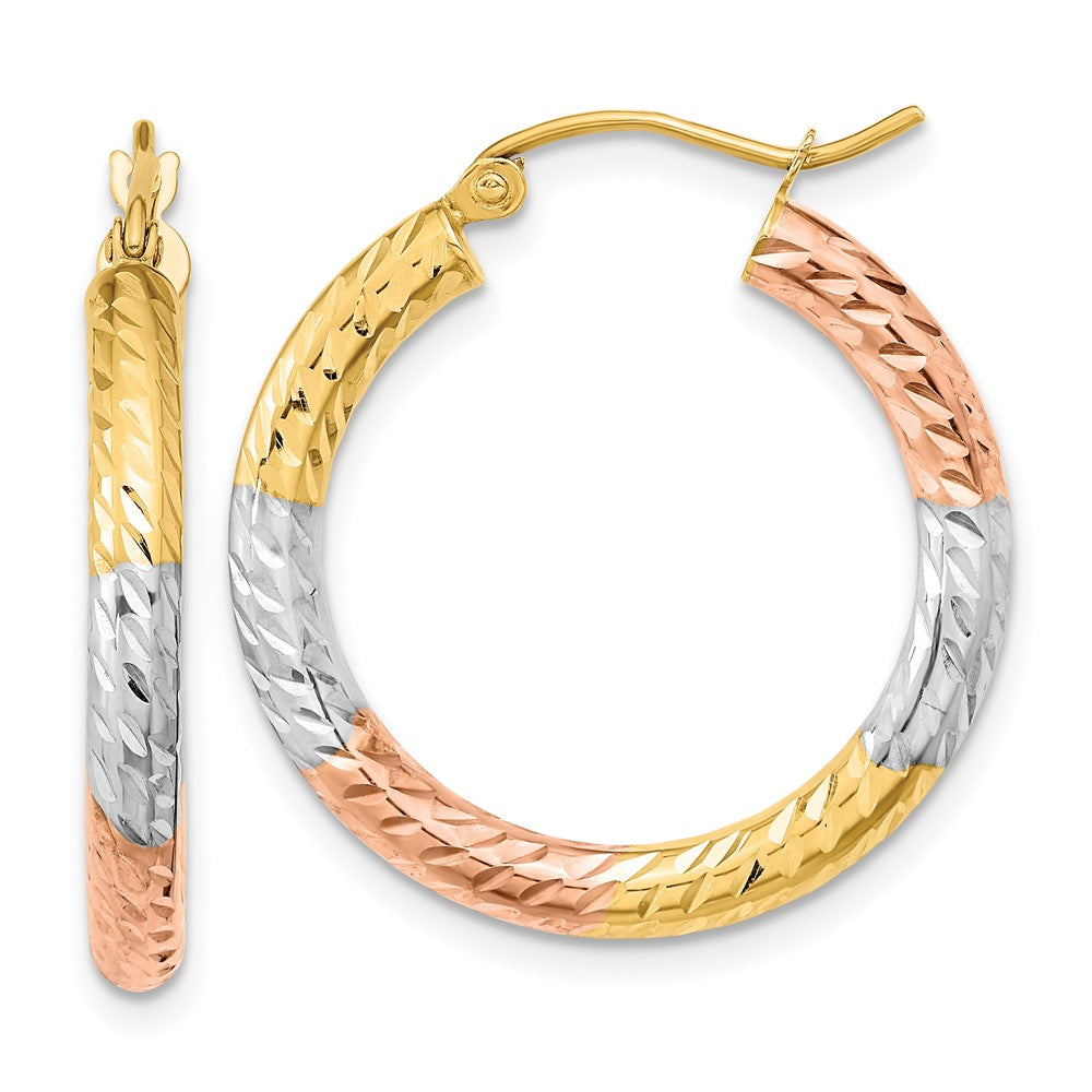 14K Yellow & Rhodium W/White And Rose Polished Diamond-Cut Hoop Earrings