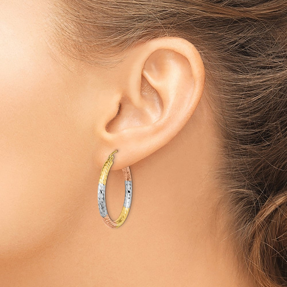 14K Yellow & Rhodium W/White And Rose Polished Diamond-Cut Hoop Earrings