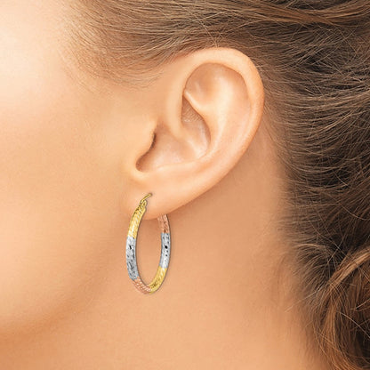 14K Yellow & Rhodium W/White And Rose Polished Diamond-Cut Hoop Earrings