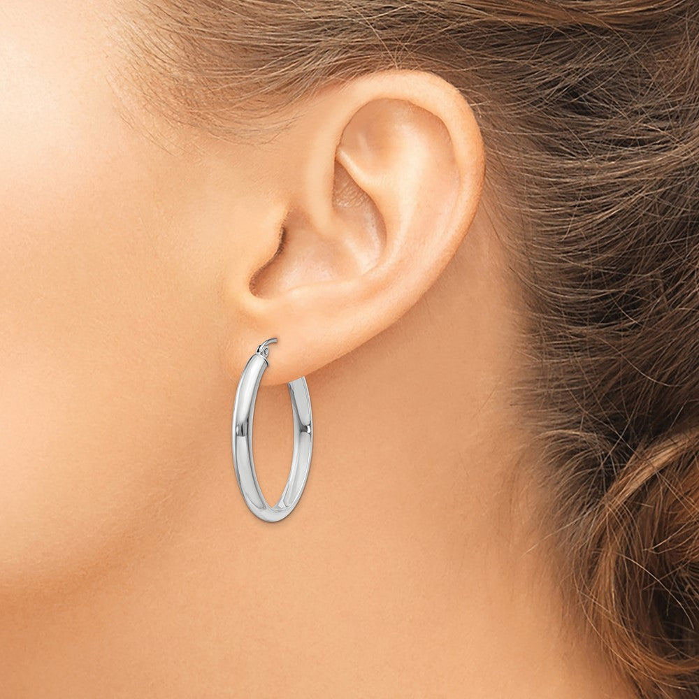 14K White Gold Polished 3.75mm Oval Tube Hoop Earrings