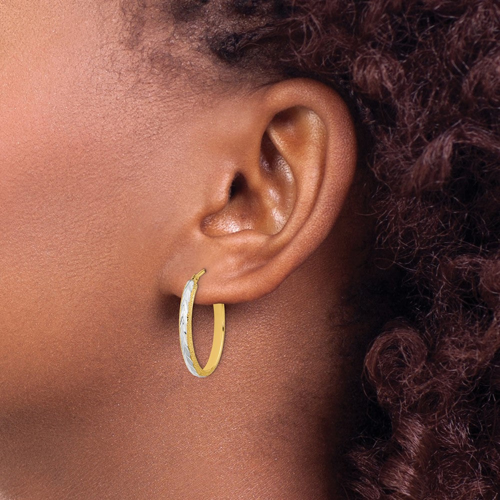 14K Yellow & Rhodium White Diamond-Cut Textured Hoop Earrings