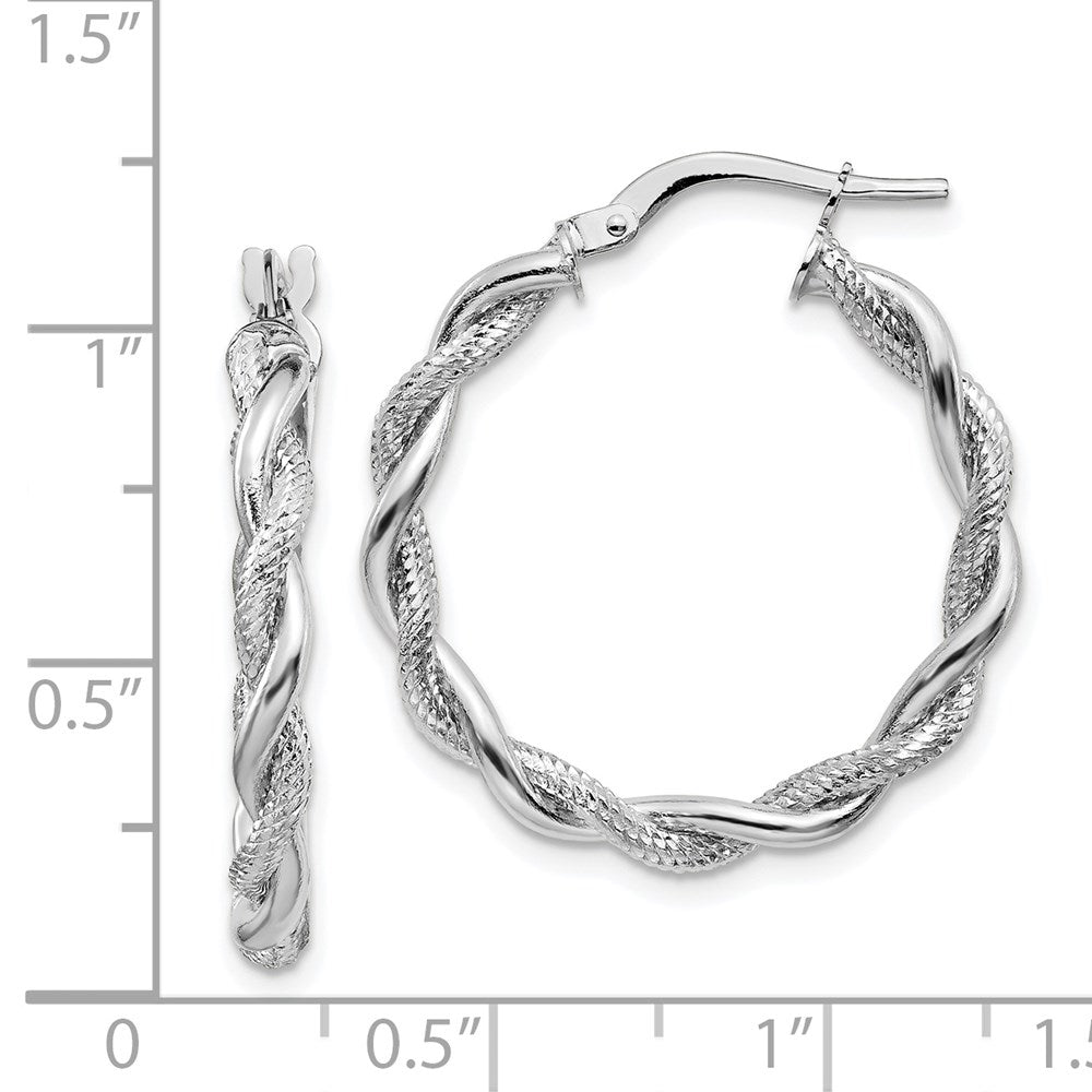 14K White Gold Medium 3mm Polished & Diamond-Cut Twisted Hoops