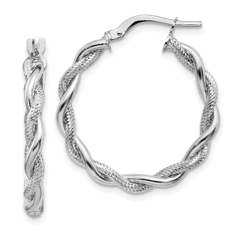 14K White Gold Medium 3mm Polished & Diamond-Cut Twisted Hoops