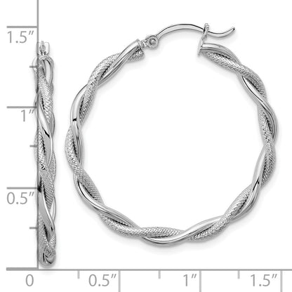 14K White Gold Large 3mm Polished & Diamond-Cut Twisted Hoops