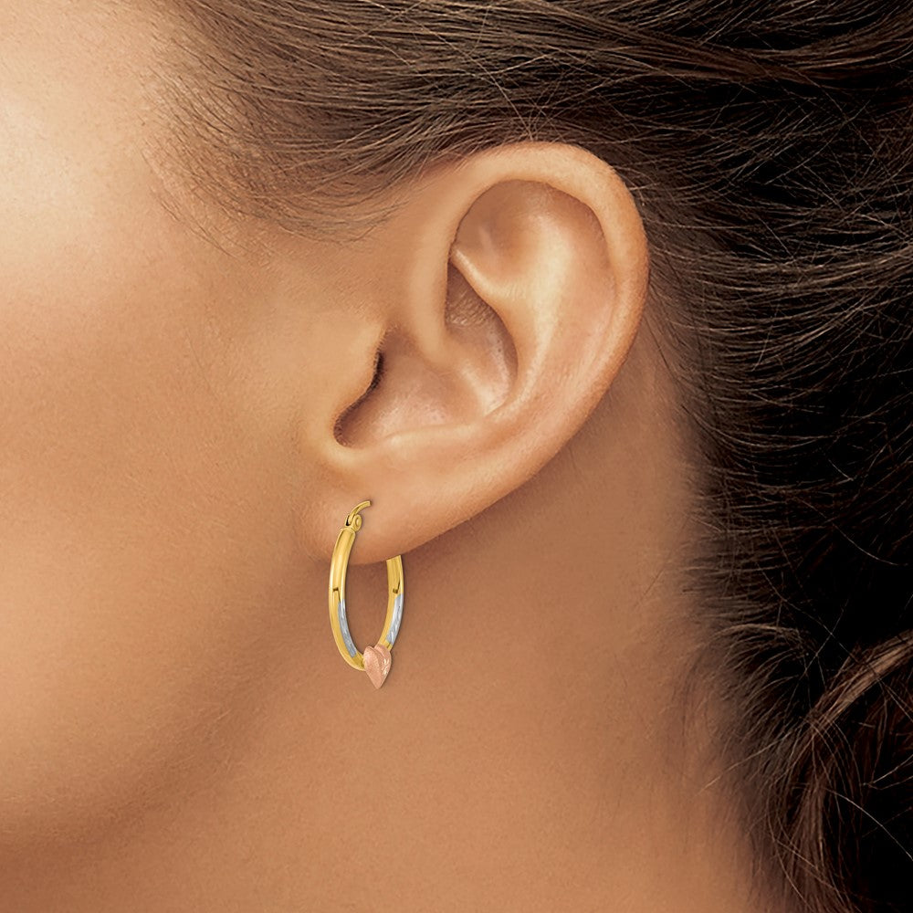 14K Two-Tone With White Rhodium D/C Heart Hoop Earrings