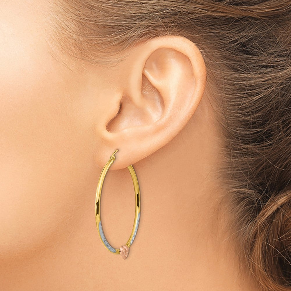 14K Two-Tone With White Rhodium D/C Heart Hoop Earrings