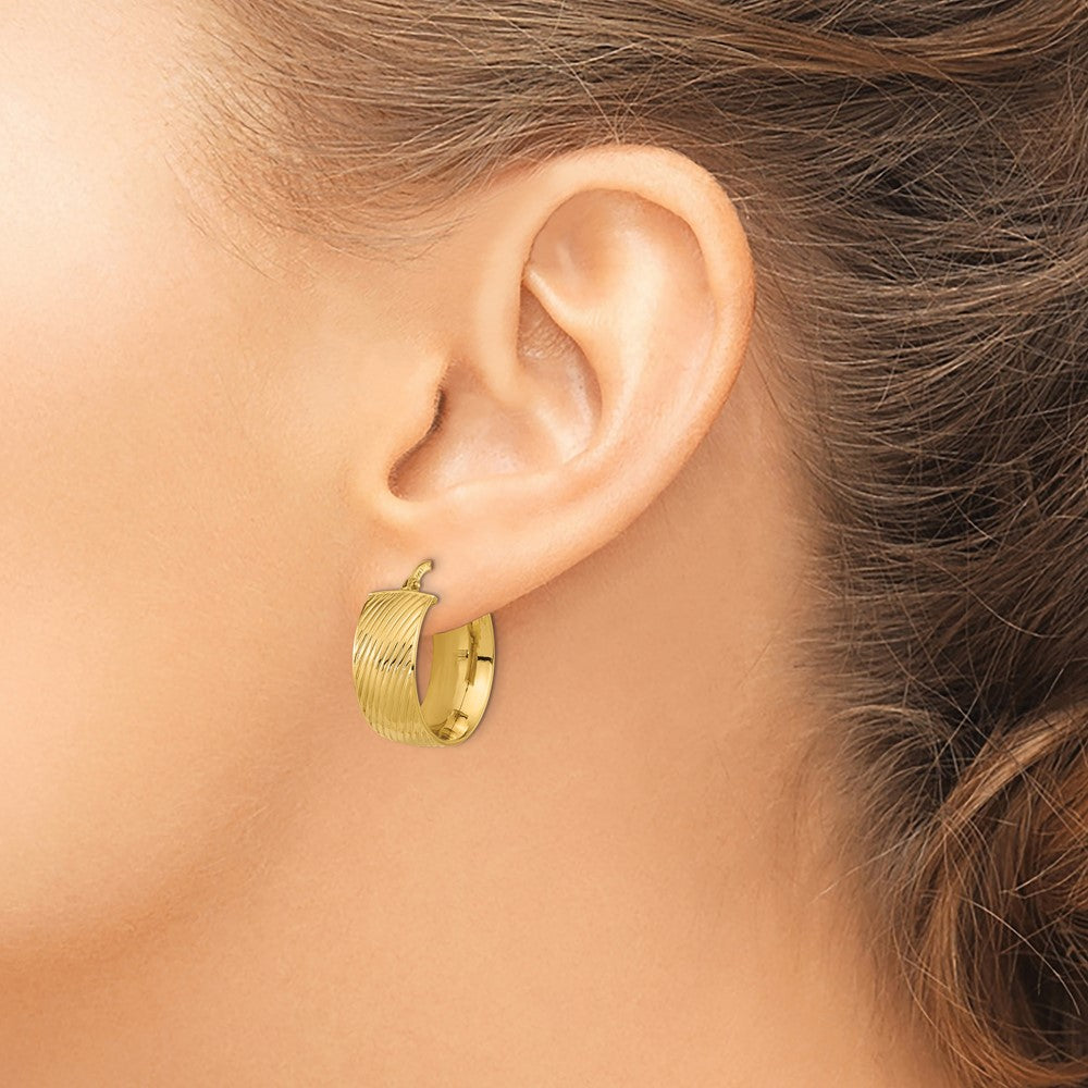 14K Yellow Gold 8mm Polished Textured Hinged Hoop Earrings