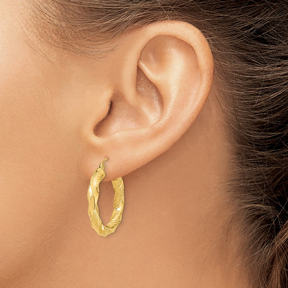 14K Yellow Gold Polished & D/C Twist Hoop Earrings