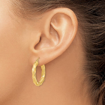 14K Yellow Gold Polished & D/C Twist Hoop Earrings