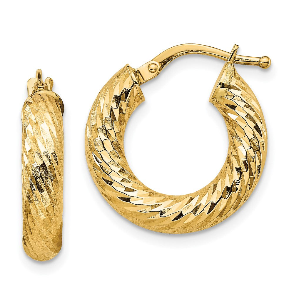 14K Yellow Gold 4X10mm Diamond-Cut Round Hoop Earrings