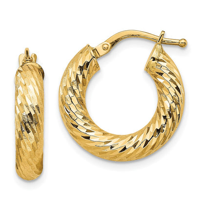 14K Yellow Gold 4X10mm Diamond-Cut Round Hoop Earrings