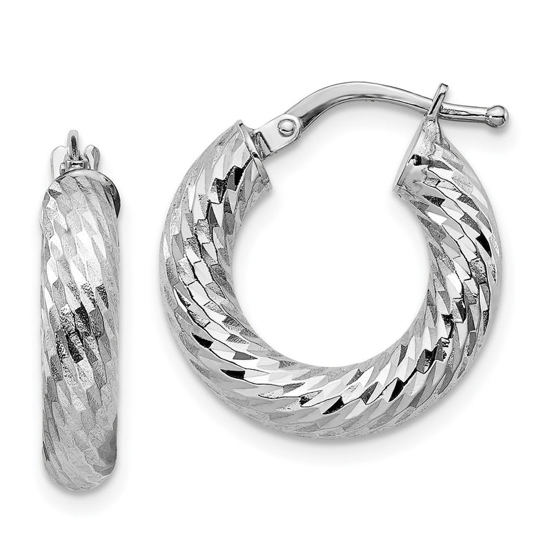 14K White Gold 4X10mm Diamond-Cut Round Hoop Earrings