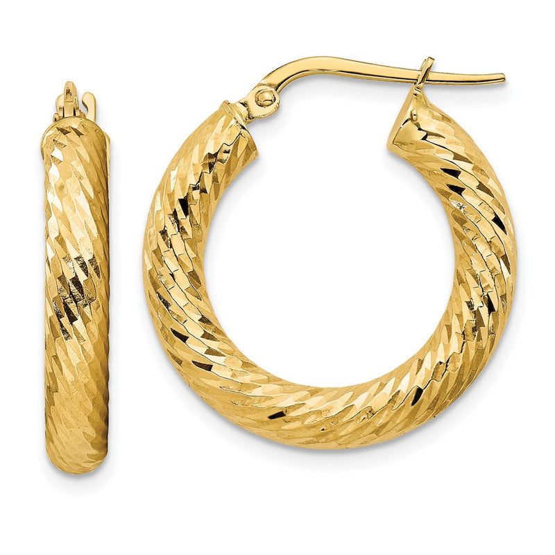 14K Yellow Gold 4mm Polished Diamond-Cut Round Hoop Earrings