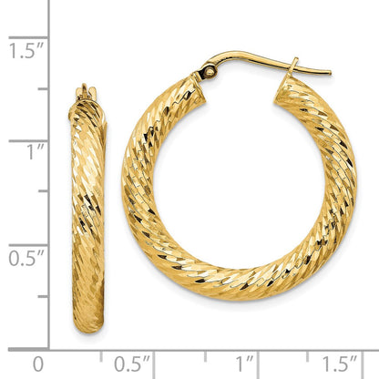 14K Yellow Gold 4X20mm Diamond-Cut Round Hoop Earrings