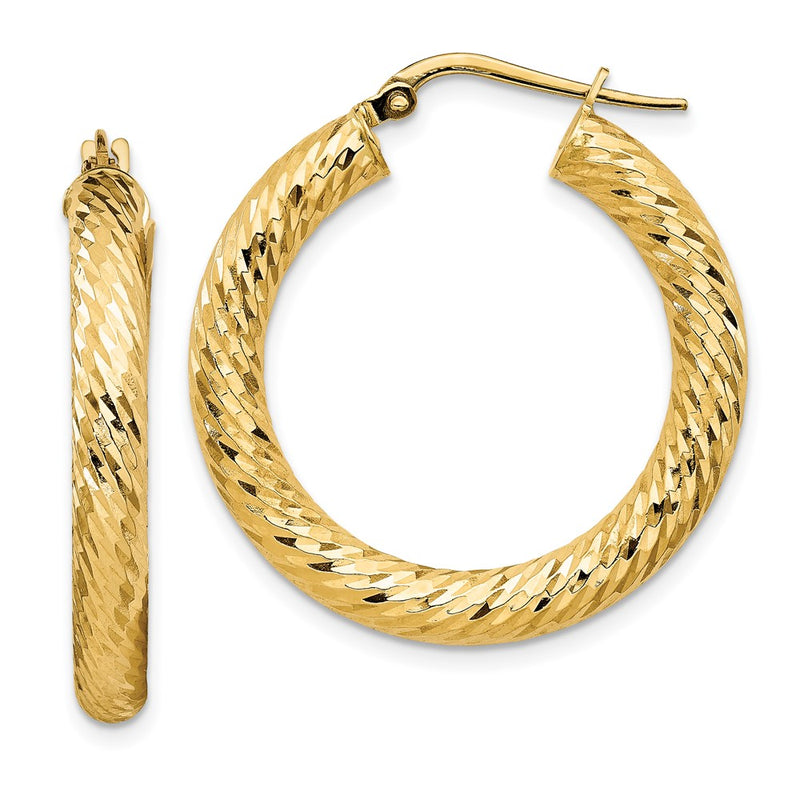 14K Yellow Gold 4X20mm Diamond-Cut Round Hoop Earrings