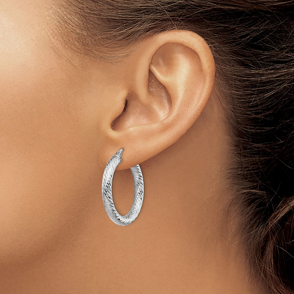14K White Gold 4X20mm Diamond-Cut Round Hoop Earrings