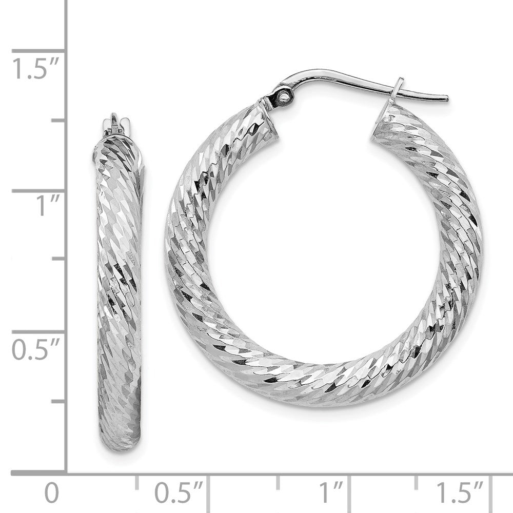14K White Gold 4X20mm Diamond-Cut Round Hoop Earrings