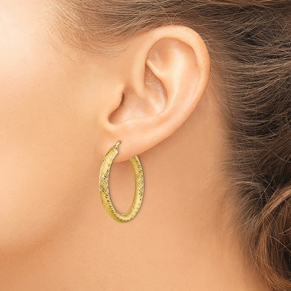 14K Yellow Gold 4X25mm Diamond-Cut Round Hoop Earrings