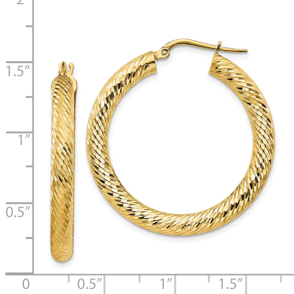 14K Yellow Gold 4X25mm Diamond-Cut Round Hoop Earrings