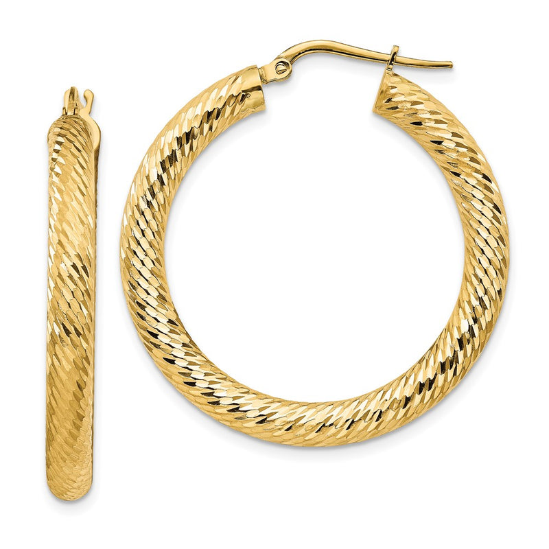 14K Yellow Gold 4X25mm Diamond-Cut Round Hoop Earrings