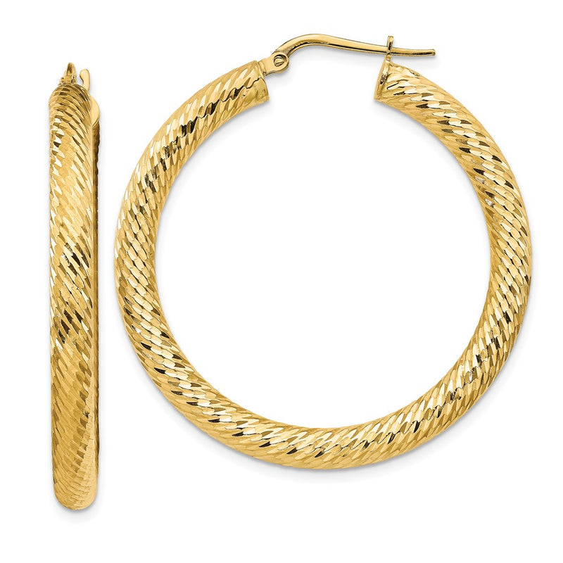 14K Yellow Gold 4X30mm Diamond-Cut Round Hoop Earrings