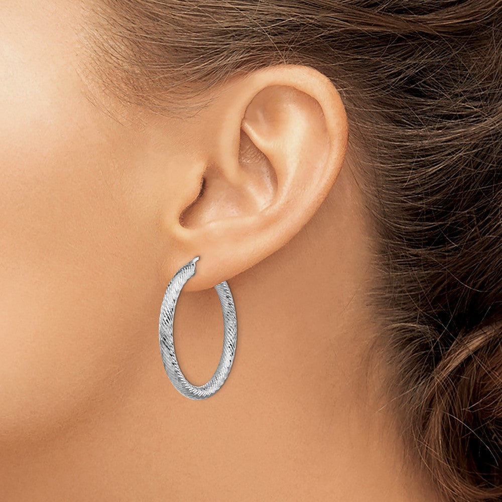 14K White Gold 4X30mm Diamond-Cut Round Hoop Earrings