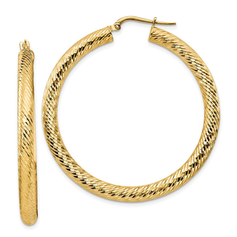 14K Yellow Gold 4X35mm Diamond-Cut Round Hoop Earrings