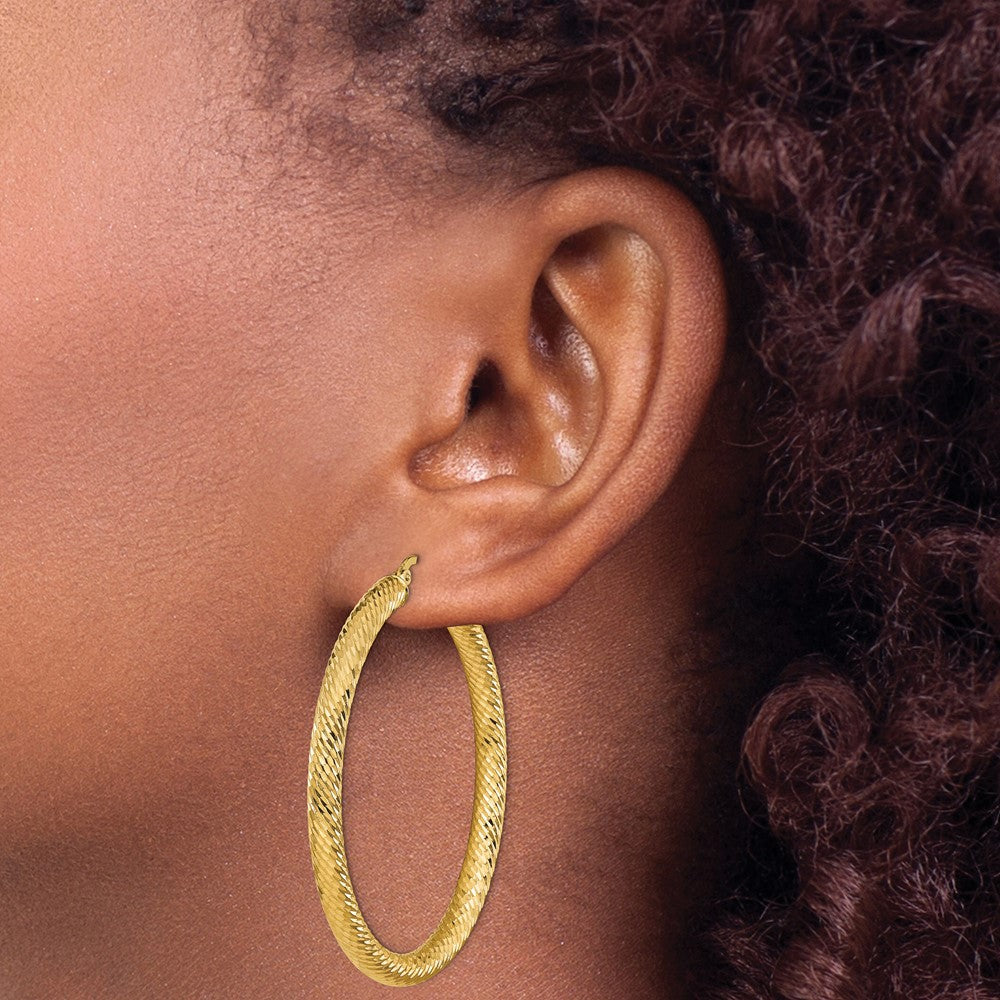 14K Yellow Gold 4X50mm Diamond-Cut Round Hoop Earrings
