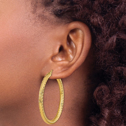 14K Yellow Gold 4X50mm Diamond-Cut Round Hoop Earrings